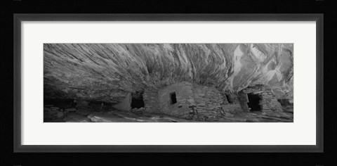 Framed Dwelling structures on a cliff in black and white, Anasazi Ruins, Mule Canyon, Utah, USA Print