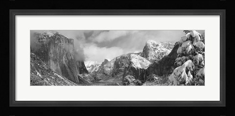 Framed Black and white view of Mountains and waterfall in snow, El Capitan, Yosemite National Park, California Print