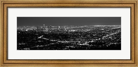 Framed Black and White View of Los Angeles at Night from a Distance Print