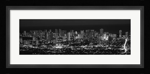 Framed High angle view of a city lit up at night, Honolulu, Oahu, Honolulu County, Hawaii (black and white) Print