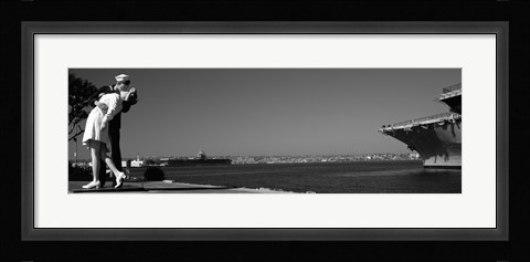 Framed Kiss between a sailor and a nurse sculpture, San Diego Aircraft Carrier Museum, San Diego, California, USA Print