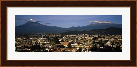 Framed Aerial view of a city a with mountain range in the background, Popocatepetl Volcano, Cholula, Puebla State, Mexico Print