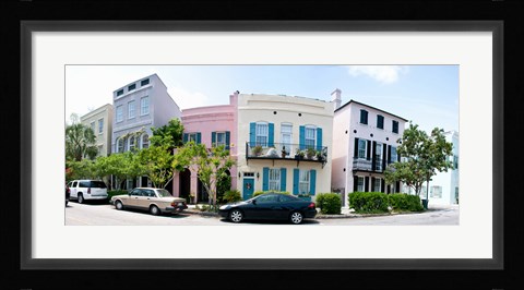 Framed Rainbow row colorful houses along a street, East Bay Street, Charleston, South Carolina, USA Print