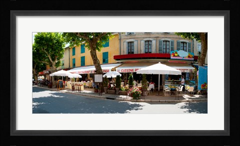 Framed Restaurants during lunch hour along the Rue Du Marche, Riez, Alpes-de-Haute-Provence, Provence-Alpes-Cote d'Azur, France Print