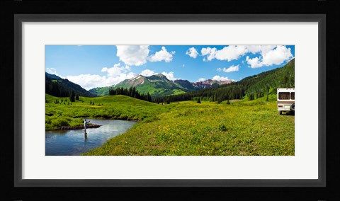 Framed Man camping along Slate River, Crested Butte, Gunnison County, Colorado, USA Print