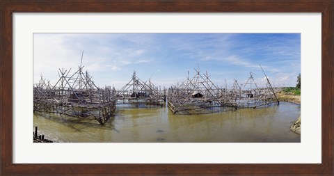 Framed Fishing platforms along coast of Madura Island, Indonesia Print