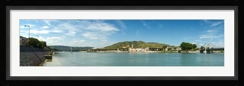 Framed Town at the waterfront, vineyards on the hill in background, Tain-l'Hermitage, Rhone River, Rhone-Alpes, France Print