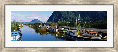 Framed Boats docked at a harbor, Puerto Aisen, AISEN Region, Patagonia, Chile Print