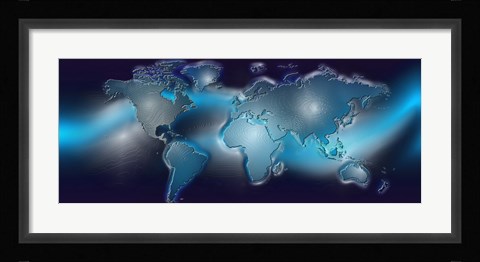 Framed Map of the world with blue trail Print