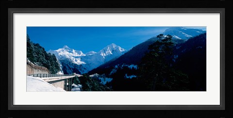 Framed Bridge through Snowcapped mountain range, Valais Canton, Switzerland Print
