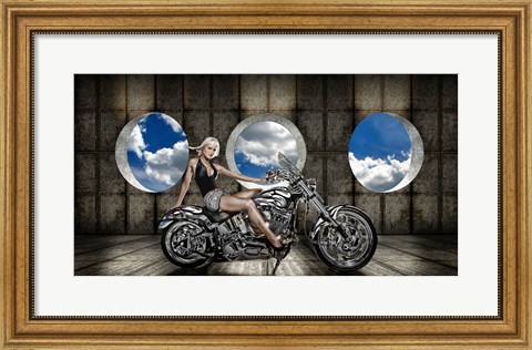 Framed Woman sitting on a motorcycle Print