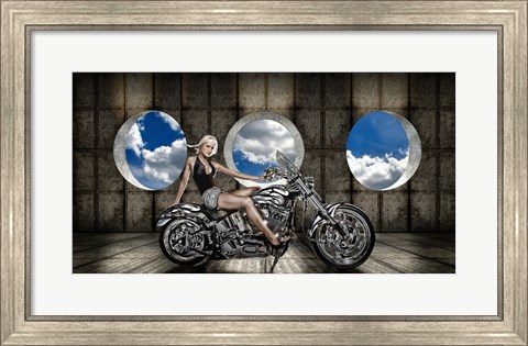 Framed Woman sitting on a motorcycle Print