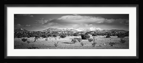 Framed High desert plains landscape with snowcapped Sangre de Cristo Mountains in the background, New Mexico (black and white) Print