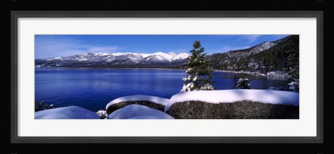Framed Lake with a snowcapped mountain range in the background, Sand Harbor, Lake Tahoe, California, USA Print