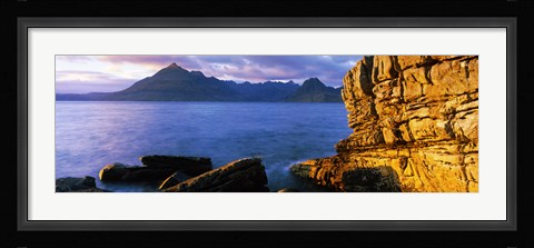 Framed Rock formations at coast, Elgol, Black Cuillin, Isle of Skye, Inner Hebrides, Scotland Print