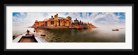 Framed Buildings at riverbank viewed from a boat, Ganges River, Varanasi, Uttar Pradesh, India Print