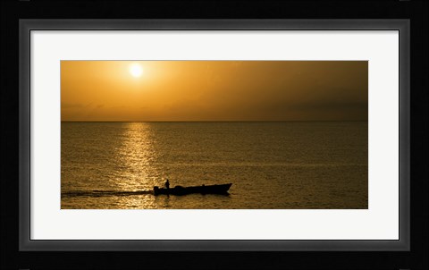 Framed Fishing boat in the sea at sunset, Negril, Westmoreland, Jamaica Print