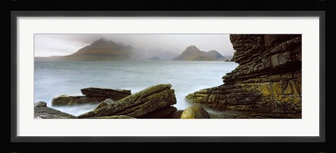 Framed Rock formations at coast, Black Cuillin, Elgol, Isle of Skye, Inner Hebrides, Highlands Region, Scotland Print