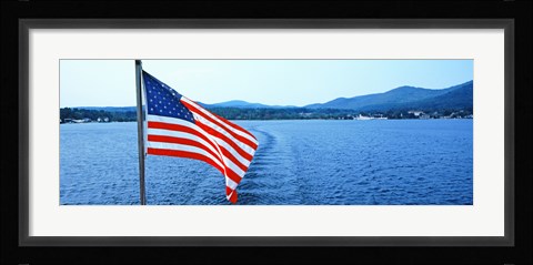 Framed Flag and view from the Minne Ha Ha Steamboat, Lake George, New York State, USA Print