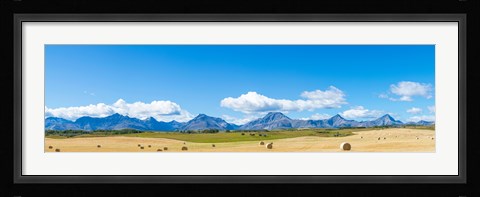 Framed Hay bales in a field with Canadian Rockies in the background, Alberta, Canada Print