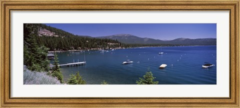 Framed Boats in a lake with mountains in the background, Lake Tahoe, California, USA Print
