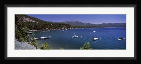 Framed Boats in a lake with mountains in the background, Lake Tahoe, California, USA Print