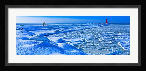 Framed Manistique Lighthouse in winter, Upper Peninsula, Michigan, USA Print