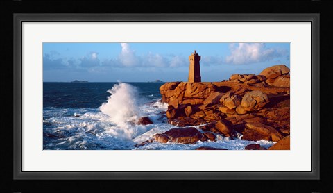 Framed Waves crashing at Ploumanac'h Lighthouse, Pink Granite Coast, Perros-Guirec, Cotes-d'Armor, Brittany, France Print