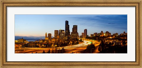 Framed Skyscrapers lit up at dusk in a city, Seattle, King County, Washington State, USA 2013 Print