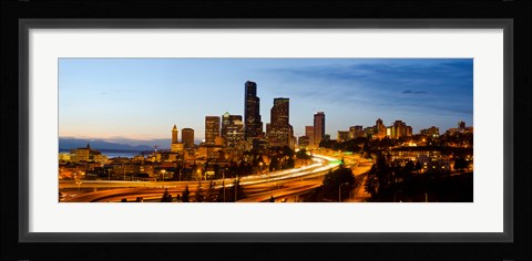 Framed Skyscrapers lit up at dusk in a city, Seattle, King County, Washington State, USA 2013 Print