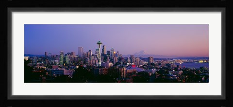 Framed High angle view of a city at sunrise, Seattle, Mt Rainier, Washington State Print