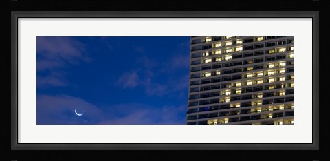 Framed Low angle view of the Marina Bay Sands Shopping Centre with crescent moon, Marina Bay, Singapore Print