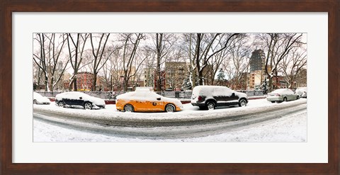 Framed Snow covered cars parked on the street in a city, Lower East Side, Manhattan, New York City, New York State, USA Print