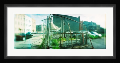 Framed Broken gate to a construction yard on a street, Williamsburg, Brooklyn, New York City, New York State, USA Print