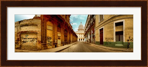 Framed Buildings along street, El Capitolio, Havana, Cuba Print