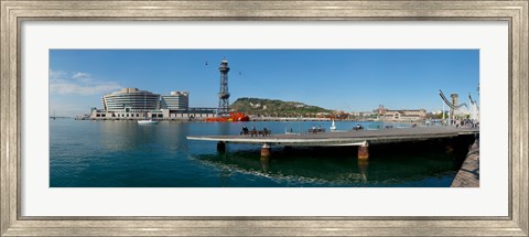 Framed Pier on the sea with World Trade Centre in the background, Port Vell, Barcelona, Catalonia, Spain Print