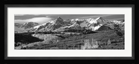 Framed Mountains covered with snow and fall colors, near Telluride, Colorado (black and white) Print