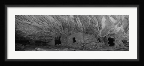 Framed Dwelling structures on a cliff in black and white, Anasazi Ruins, Mule Canyon, Utah, USA Print