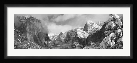 Framed Black and white view of Mountains and waterfall in snow, El Capitan, Yosemite National Park, California Print