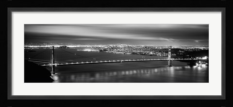 Framed Golden Gate Bridge and San Francisco Skyline Lit Up (black &amp; white) Print