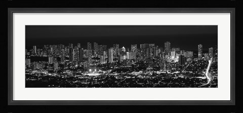 Framed High angle view of a city lit up at night, Honolulu, Oahu, Honolulu County, Hawaii (black and white) Print