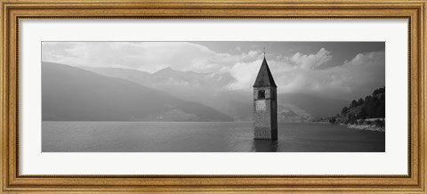 Framed Clock tower in a lake, Reschensee, Italy (black and white) Print