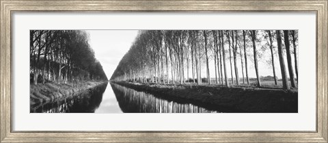 Framed Belgium, tree lined waterway through countryside (black and white) Print