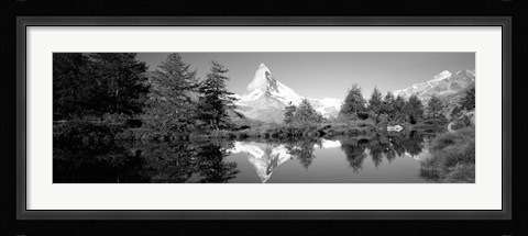 Framed Reflection of trees and mountain in a lake, Matterhorn, Switzerland (black and white) Print