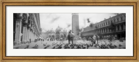 Framed Flock of pigeons flying, St. Mark&#39;s Square, Venice, Italy (black and white) Print