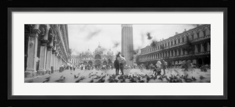 Framed Flock of pigeons flying, St. Mark's Square, Venice, Italy (black and white) Print