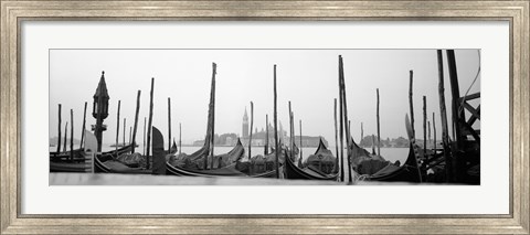 Framed Gondolas moored at a harbor, San Marco Giardinetti, Venice, Italy (black and white) Print