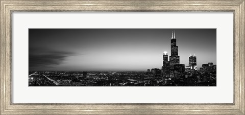 Framed Chicago Skyline at Night (black &amp; white) Print