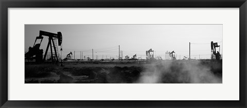Framed Oil drills in a field, Maricopa, Kern County, California (black and white) Print