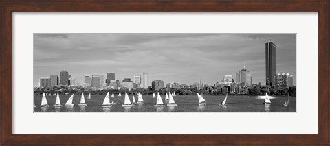 Framed Black and white view of boats on a river by a city, Charles River,  Boston Print
